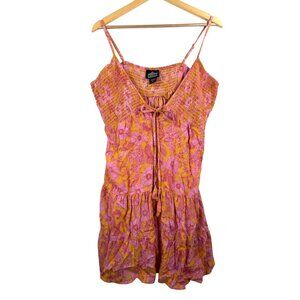 ANGIE smocked floral crinkly short‎ ruffle beach tunic dress pink sz L